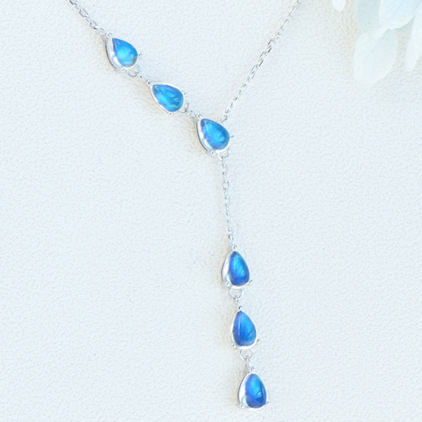 Drop Shaped Blue Moonstone Pendant Silver Y Necklace For Women