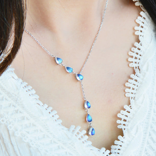 Drop Shaped Blue Moonstone Pendant Silver Y Necklace For Women Beautiful