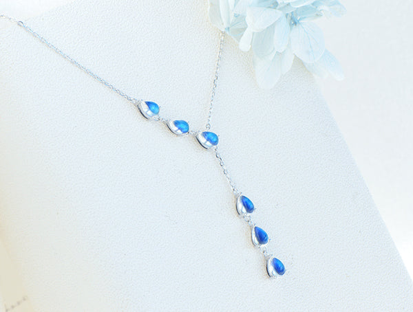Drop Shaped Blue Moonstone Pendant Silver Y Necklace For Women Chic