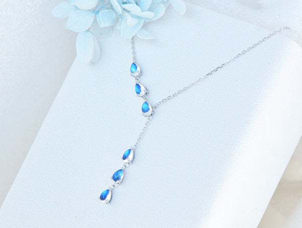 Drop Shaped Blue Moonstone Pendant Silver Y Necklace For Women Cute