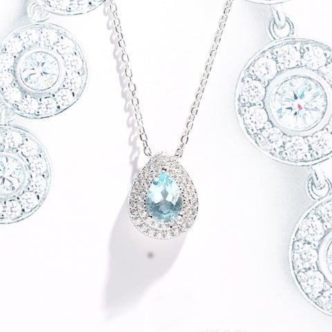14 Karat White Gold March Birthstone Round Aquamarine & Diamond Halo Pendant  Necklace - WeilJewelry