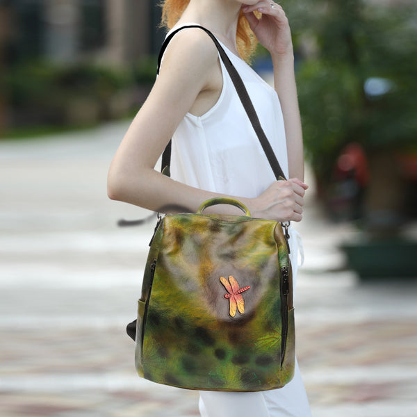 Elegant Womens Green Leather Backpack Bag Dragonfly Purse for Women Accessories