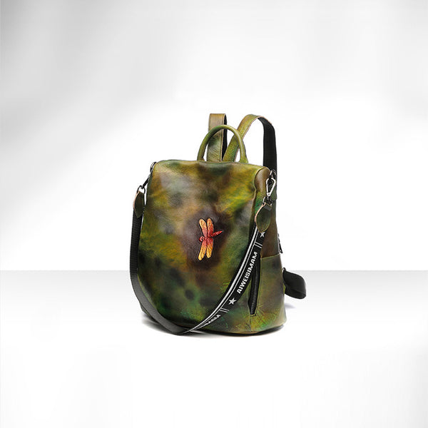 Elegant Womens Green Leather Backpack Bag Dragonfly Purse for Women Chic