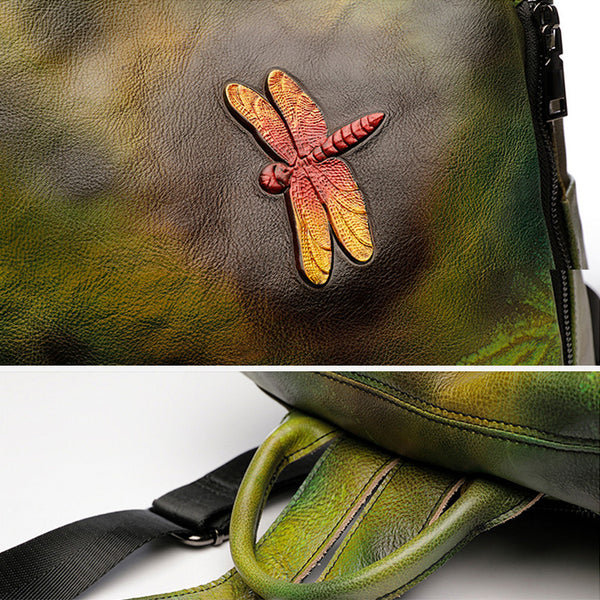 Elegant Womens Green Leather Backpack Bag Dragonfly Purse for Women Cute