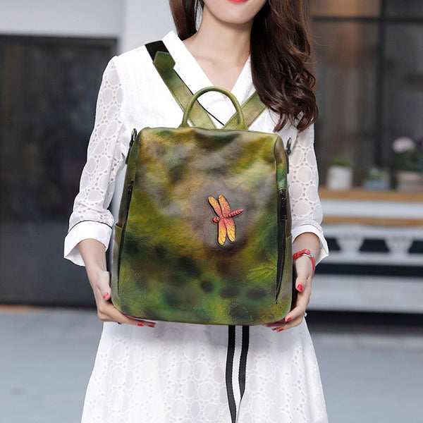 Elegant Womens Green Leather Backpack Bag Dragonfly Purse for Women