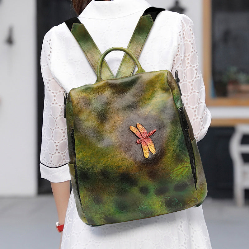 Elegant Womens Green Leather Backpack Bag Dragonfly Purse