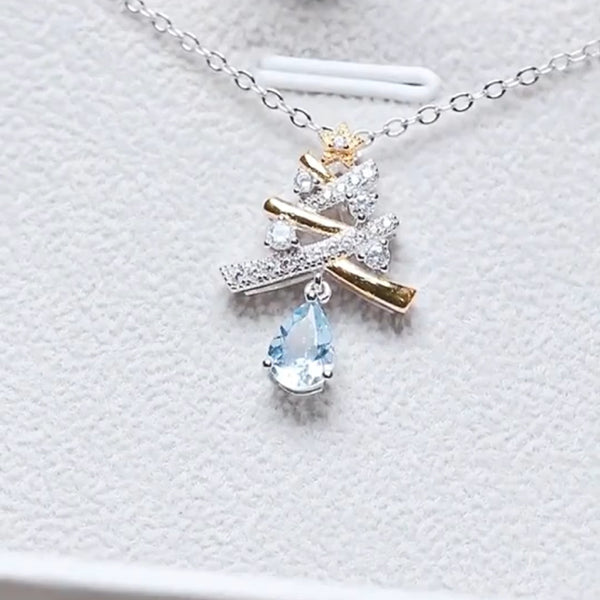 Christmas Tree Blue Aquamarine Silver Pendant Necklace For Women Details