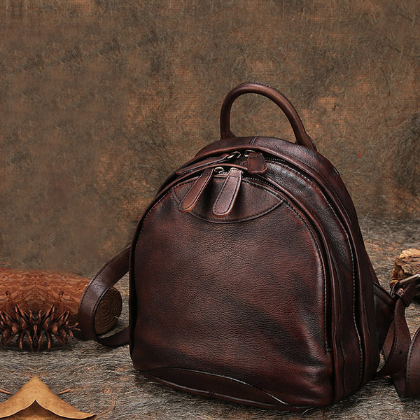 Womens Brown Leather Book Bag Small Backpack Purse for Women