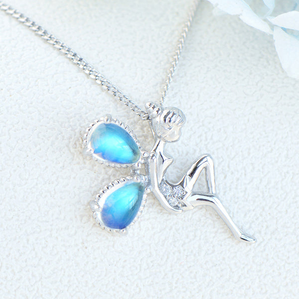 Fairy Blue Moonstone Pendant Necklace White Gold Plated Sterling Silver Necklace For Women Accessories