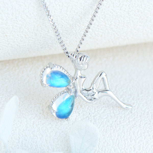 Fairy Blue Moonstone Pendant Necklace White Gold Plated Sterling Silver Necklace For Women