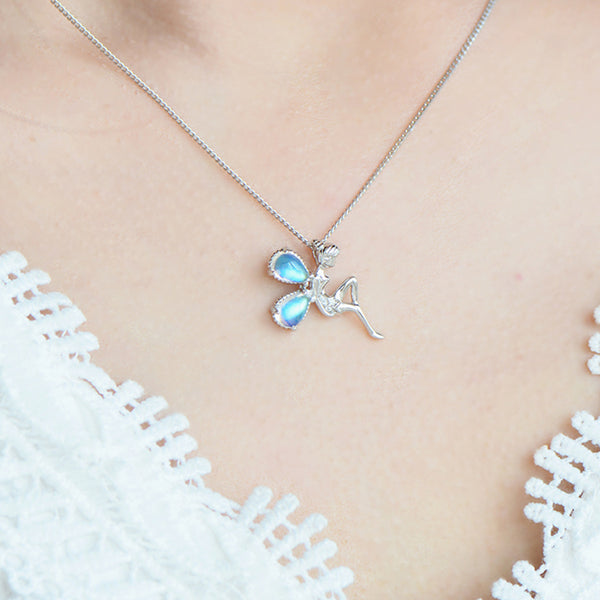 Fairy Blue Moonstone Pendant Necklace White Gold Plated Sterling Silver Necklace For Women Beautiful