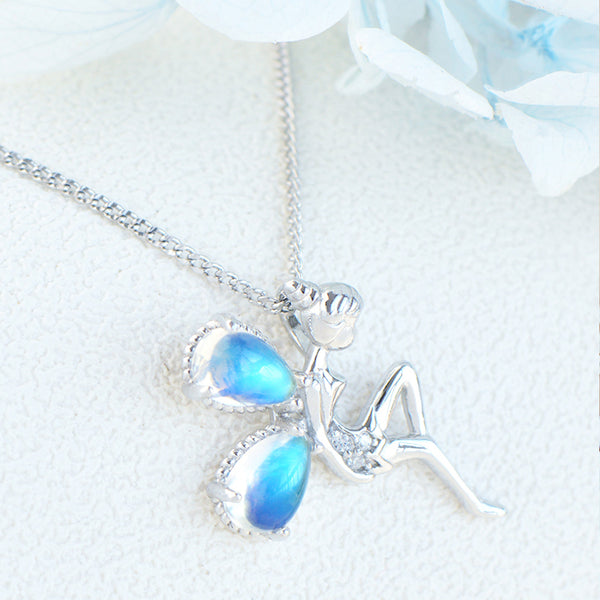 Fairy Blue Moonstone Pendant Necklace White Gold Plated Sterling Silver Necklace For Women Chic