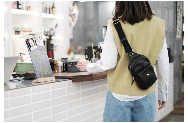Cool Black Leather Chest Sling Bags For Women