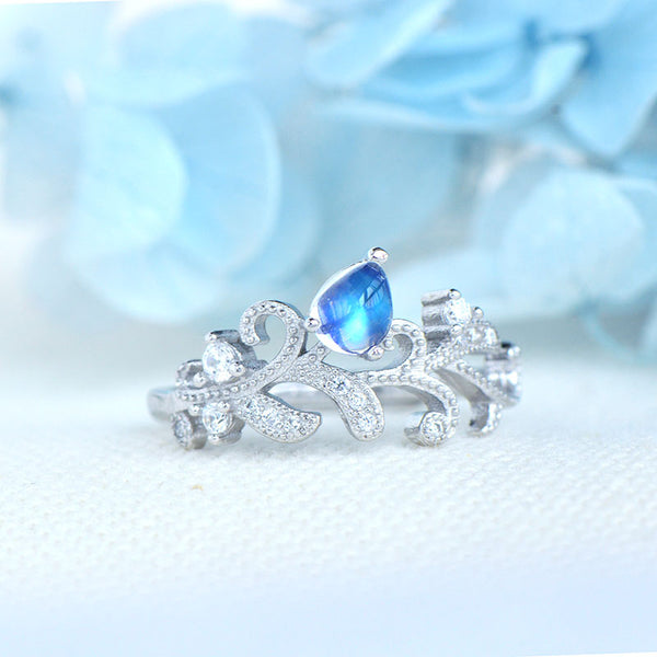 Female Blue Moonstone Engagement Ring White Gold Plated Sterling Silver Moonstone Ring For Women