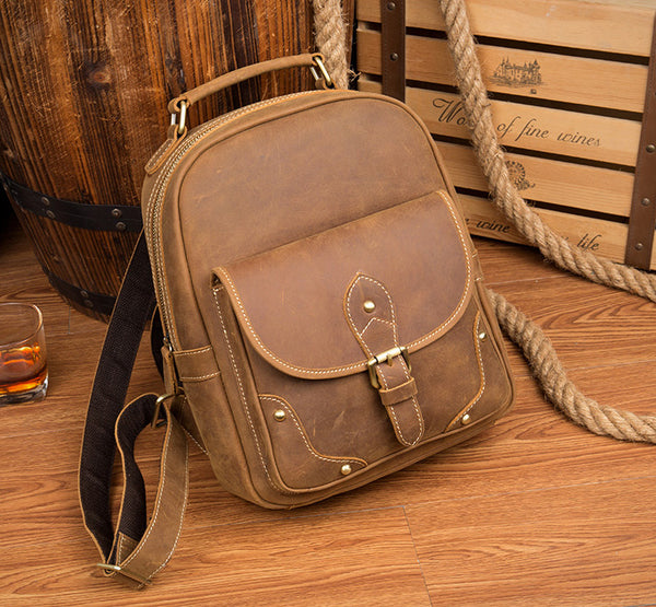 Funky Ladies Small Brown Leather Backpack Bag Bookbag Purse for Women Cute