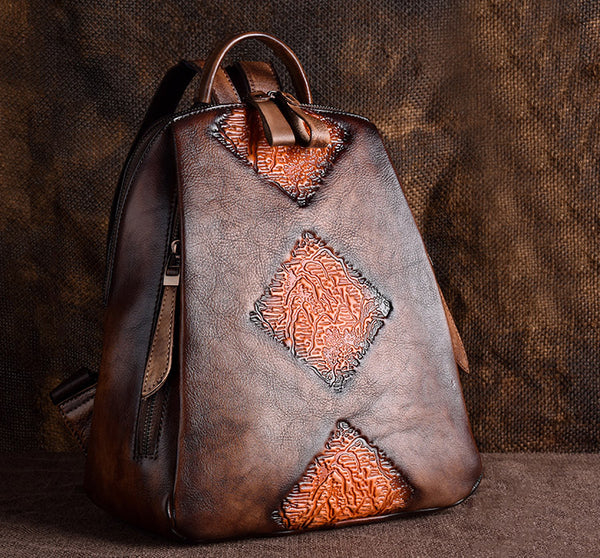 Funky Womens Brown Leather Backpack Handbags Purse Vintage Backpacks for Women Genuine Leather