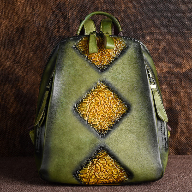 brown leather boho backpack Handmade Retro Embossed Floral Women Backpack