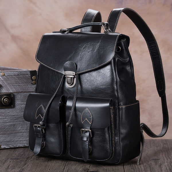 Funky Womens Square Genuine Leather Backpack Purse Laptop Bag for Women Black