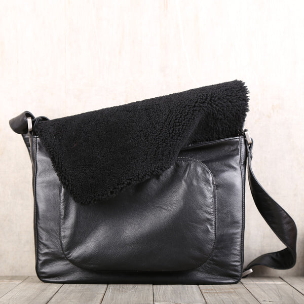 Fur Satchel Bag Black Soft Genuine Leather Messenger Bag Crossbody Bags for Women Men black