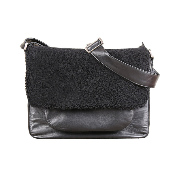 Fur Satchel Bag Black Soft Genuine Leather Messenger Bag Crossbody Bags for Women Men cool