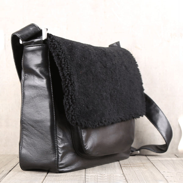 Fur Satchel Bag Black Soft Genuine Leather Messenger Bag Crossbody Bags for Women Men cute