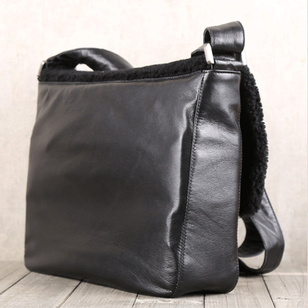Fur Satchel Bag Black Soft Genuine Leather Messenger Bag Crossbody Bags for Women Men fashionable