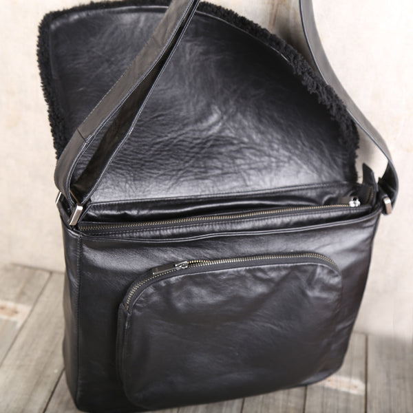 Fur Satchel Bag Black Soft Genuine Leather Messenger Bag Crossbody Bags for Women Men