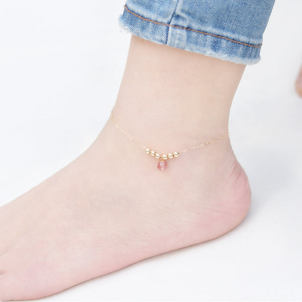 Garnet Strawberry Quartz Crystal Bead Gold Anklet Handmade Jewelry Accessories Women adorable