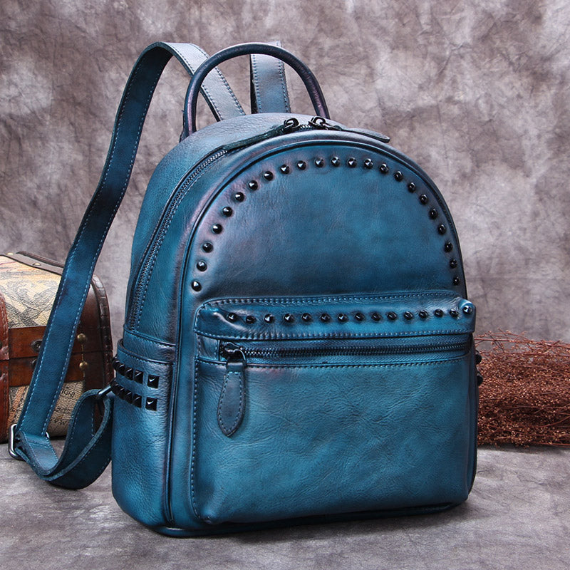 blue leather backpack made from leather scraps Rivets Womens Vintage Leather Backpack Leather Backpacks for Women
