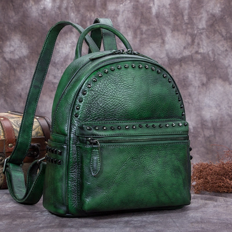 Small Green Leather Backpack Casual Classic Retro Handmade 