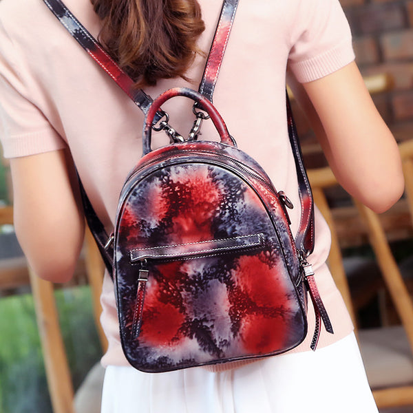 Small Womens Dyeing Leather Backpack Handbags Shoulder Bag for Women