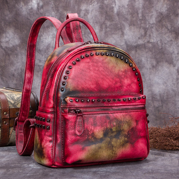 Genuine-Leather-Backpacks-Handmade-Vintage-Backpack-Bags-handbag-School-bags-Women-Red&Brown