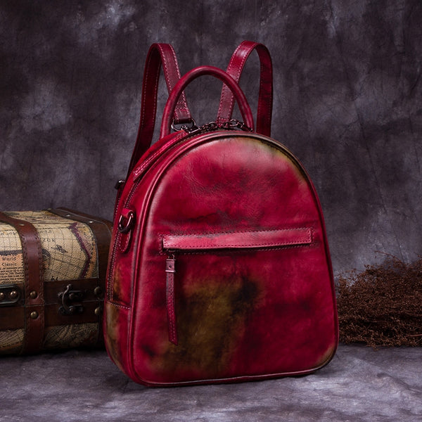 Genuine Leather Backpacks Handmade Vintage Backpack Bags handbag School bags Women Red&Brown