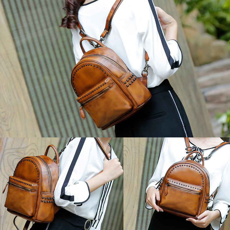 2019 backpack leather fo women Rivets Womens Vintage Leather Backpack Leather Backpacks for Women