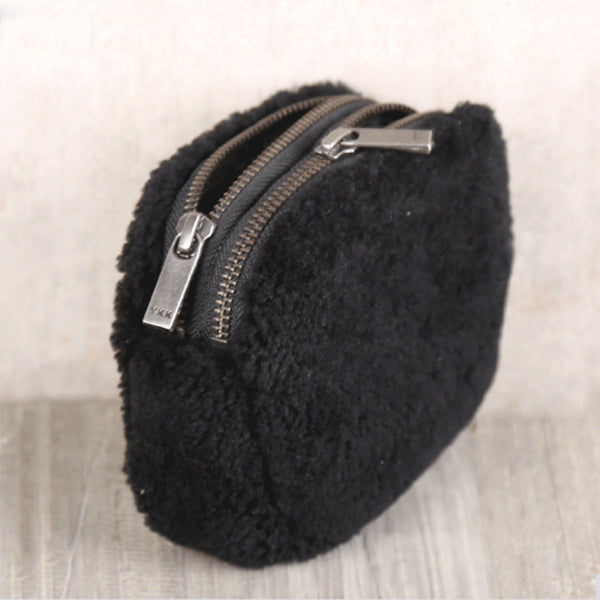 Genuine Leather One Fur Short Zip Wallets Clutches Coin Card Wallet Purse Women Men Handmade