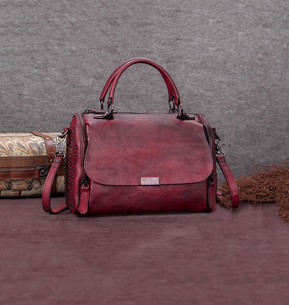 Genuine Leather Vintage Handbag Crossbody Shoulder Bags Purses Women Dark Red