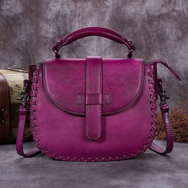 Genuine Leather Vintage Handbag Crossbody Shoulder Bags Purses Women Purple
