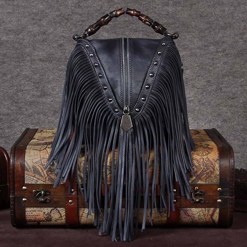 Genuine Leather Vintage Tassels Handbag Crossbody Shoulder Bags Women Black