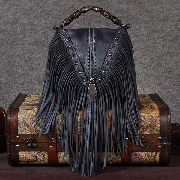 Genuine Leather Vintage Tassels Handbag Crossbody Shoulder Bags Women Black