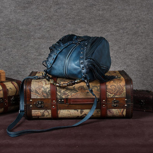 Genuine Leather Vintage Tassels Handbag Crossbody Shoulder Bags Women Blue
