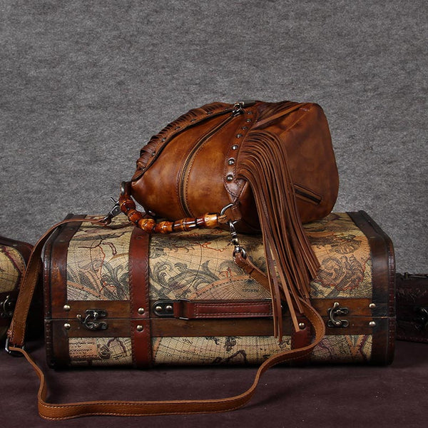 Genuine Leather Vintage Tassels Handbag Crossbody Shoulder Bags Women Brown