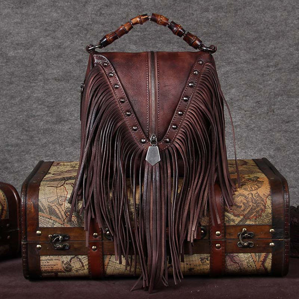 Genuine Leather Vintage Tassels Handbag Crossbody Shoulder Bags Women Coffee