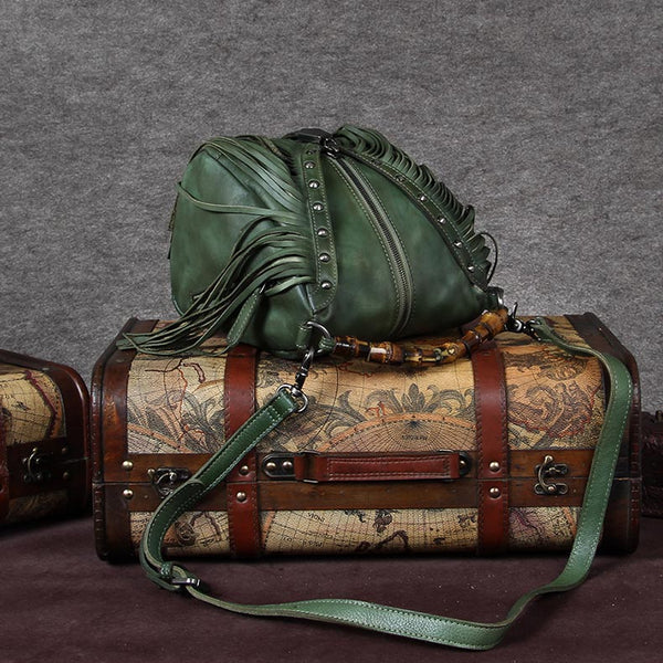 Genuine Leather Vintage Tassels Handbag Crossbody Shoulder Bags Women Green