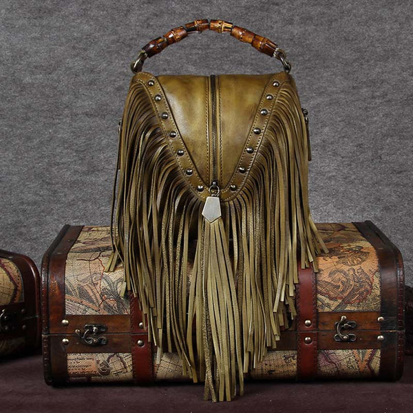 Genuine Leather Vintage Tassels Handbag Crossbody Shoulder Bags Women Khaki