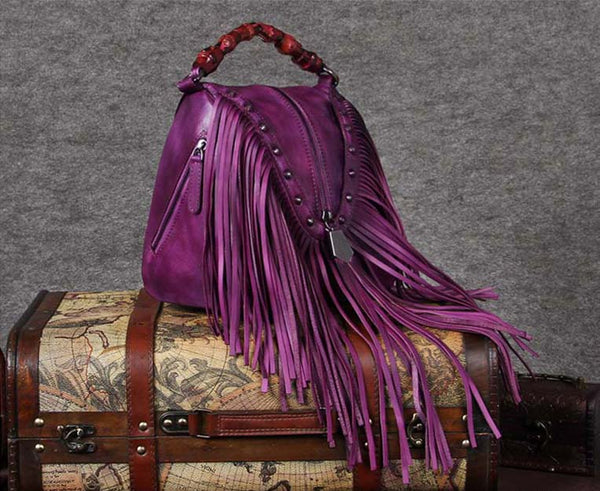 Genuine Leather Vintage Tassels Handbag Crossbody Shoulder Bags Women Purple