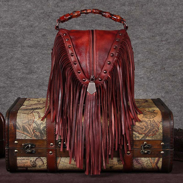 Genuine Leather Vintage Tassels Handbag Crossbody Shoulder Bags Women Red