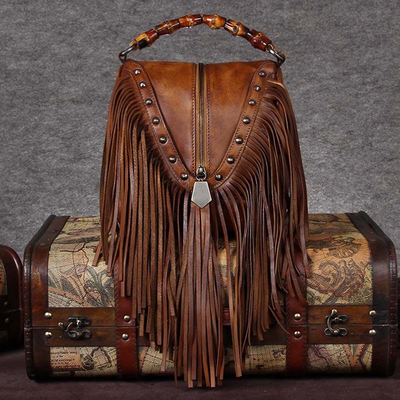 Source Handwoven bohemian western style fringe purse Boho tote bag Brown  soft leather fringe purse Handbag with tassels fringe on m.