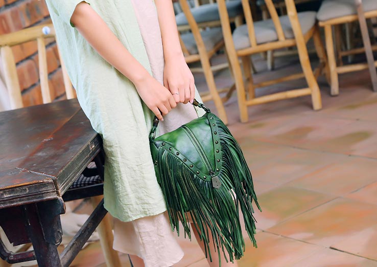 Western Womens Vintage Boho Bags Leather Crossbody Fringe Handbags Hippie Purses for Women, Green