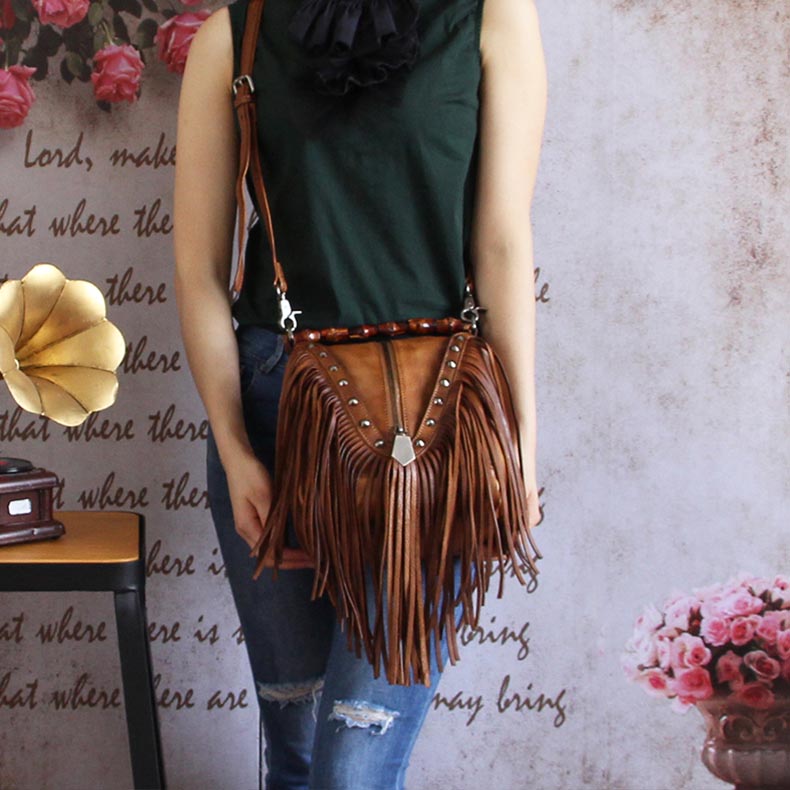 Meyaus Women's Small Fringed Faux Leather Crossbody Bag