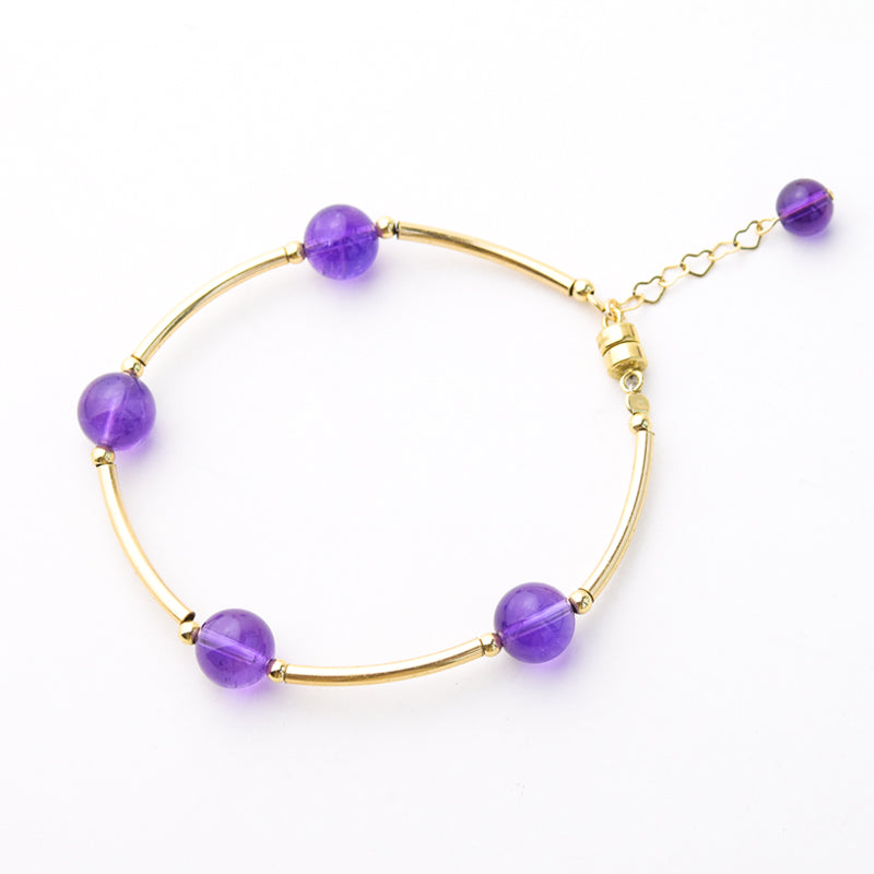 Gold Amethyst Bead Bracelet Handmade Jewelry Accessories Women front